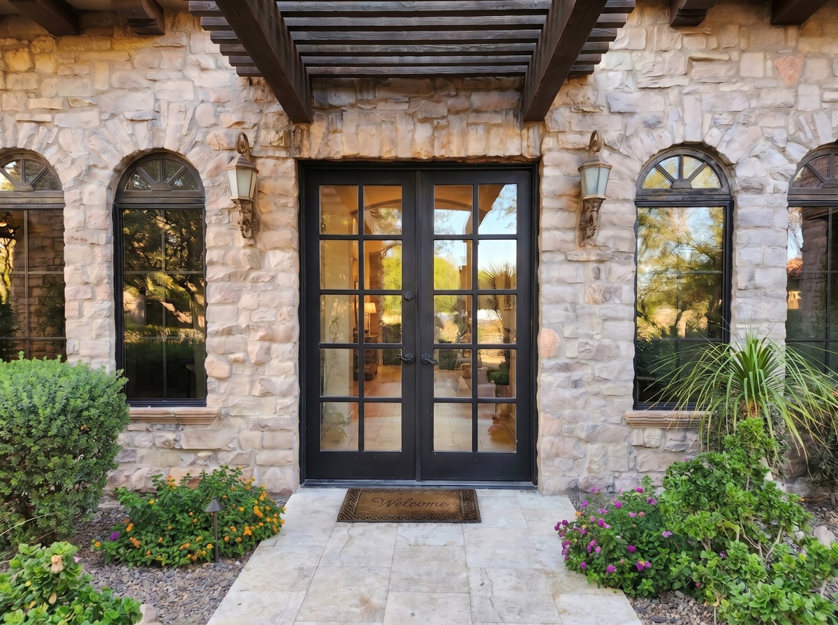 Stone-facade black-grid French entry doors by Mad Touch Glass