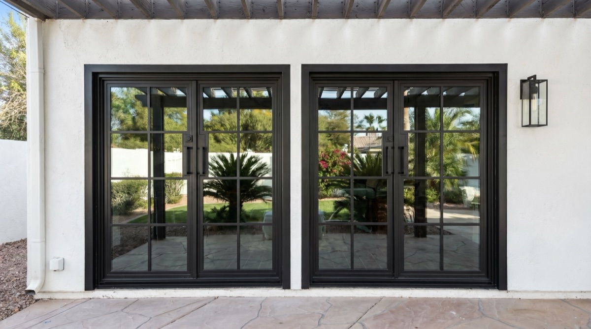 Black-grid French patio doors by Mad Touch Glass